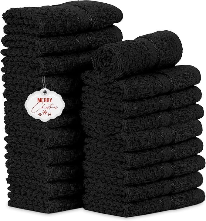 Ample Decor Washcloth Set of 20 Black 100% Cotton - Qucik Dry Popcorn Textured - Mulaayam Collection - 12 X 12 Inch