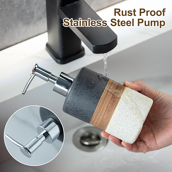 Dish Soap Dispenser Set with Silicone Funnel, Hand Soap, Shampoo, Body Wash, Ceramic Liquid Soap Dispenser for Kitchen and Bathroom Countertops, Stainless Steel Pump, Non Slip, 12 Oz, Black