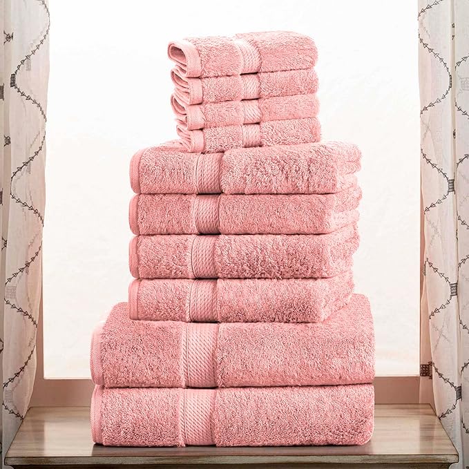 Superior Egyptian Cotton Pile 10 Piece Towel Set, Includes 2 Bath, 4 Hand, 4 Face Towels/Washcloths, Ultra Soft Luxury Towels, Thick Plush Essentials, Guest Bath, Spa, Hotel Bathroom, Tea Rose