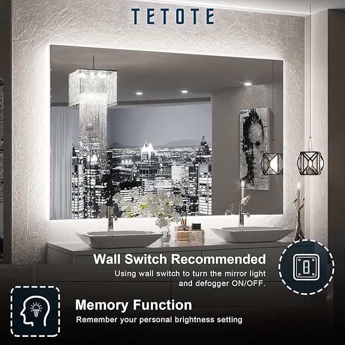 TETOTE 48 x 30 Inch LED Mirror Backlit Bathroom,Anti-Fog Mirror with Light,Dimmable,CRI90+,IP54 Water Proof,Wall Mounted Vanity Lighted Mirror,Horizontal/Vertical