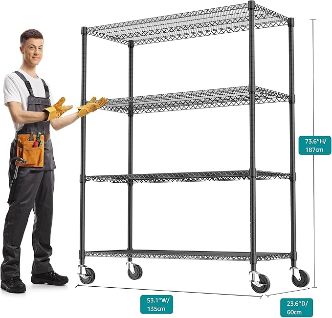 4 Tiers Shelf 2640 lbs Steel Storage Shelving Utility Shelving Unit Steel Organizer Wire Rack for Home,Kitchen,Office,Garage Black 23.6" D x 53.1" W x 73.6" H