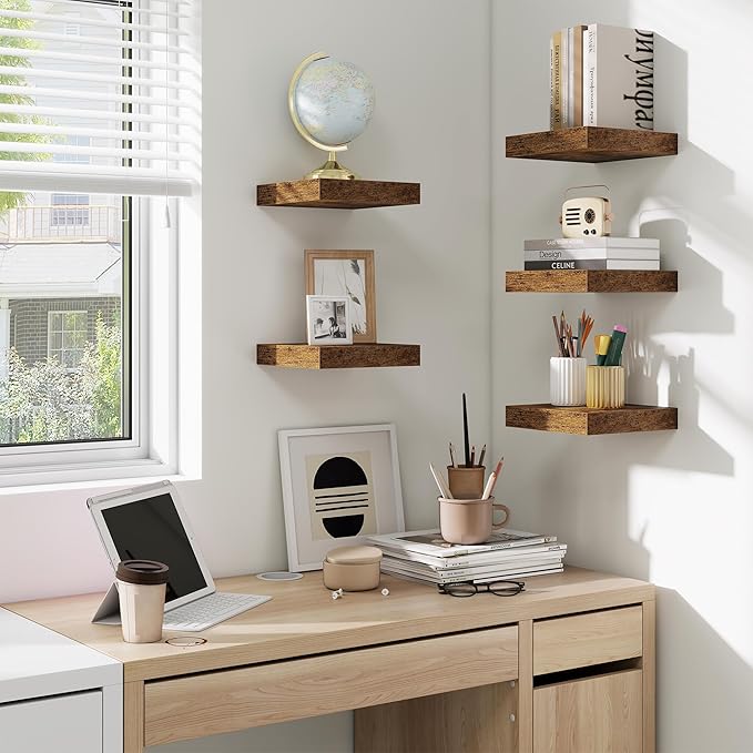 fuqing Floating Shelves for Wall, Wall Mounted Wood Floating Shelf with Invisible Brackets for Living Room, Bathroom, Bedroom, Kitchen Storage and Decor,6.5 Inch Set of 3, Rustic Brown