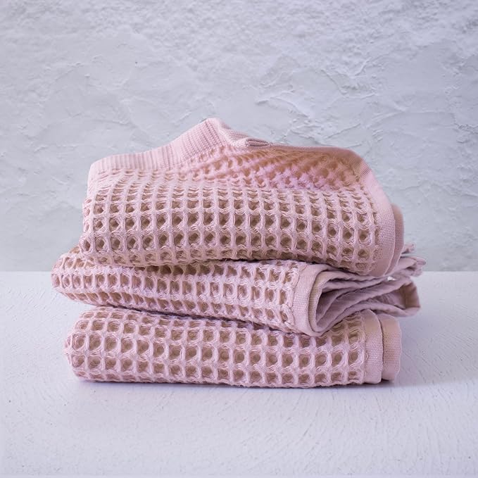 PÜSKÜL Organic Waffle Kitchen Towel 100% Turkish Cotton Set of 3 Pink - Premium Quality, Soft, Quick-Dry, Absorbent, Lint-Free Hand Towels 32X16 Inches (3, Pink Powder)