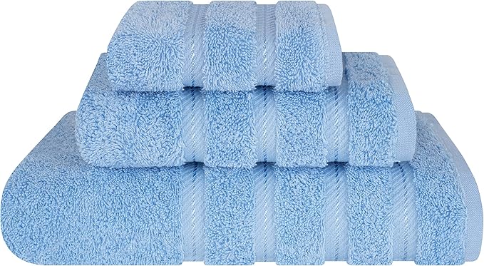 American Soft Linen Premium 3 Piece Towel Set, 1 Bath Towel 1 Hand Towel 1 Washcloth, 600 GSM 100% Cotton Turkish Towels for Bathroom, Sky Blue Towel Set