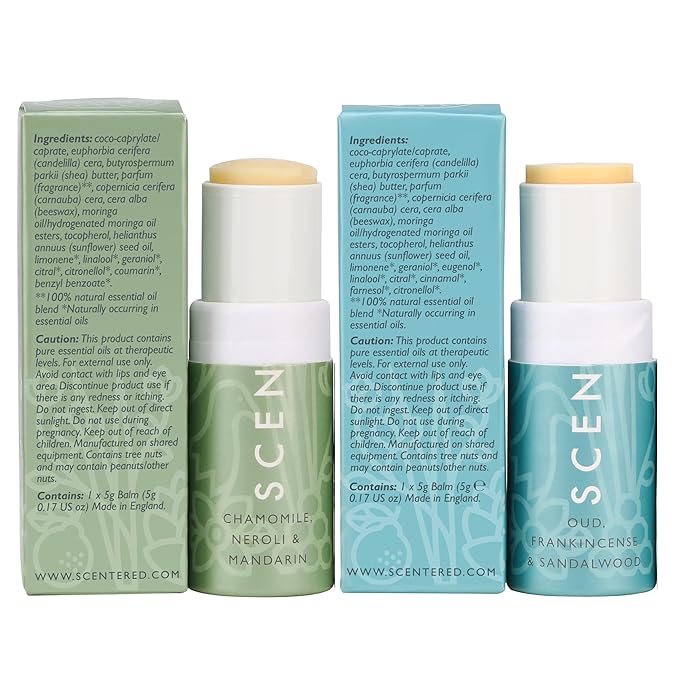 Scentered Aromatherapy Balm Stick Duo for Stress-Relief & Meditation - Roll On Essential Oil Blends of Frankincense, Oud, Chamomile - Aromatherapy Gifts for Women - De-Stress & Escape