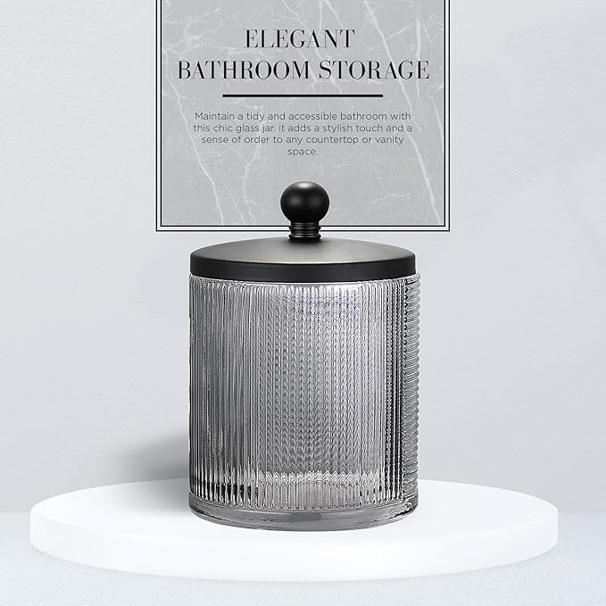 Gray Colored Tranlucent Apothecary Ribbed Geo Etched Glass Jar W/Matte Black Metal Lid Cover for Bathroom Organization, Cotton Balls, Q Tips, and Small Accessories, Bathroom Storage