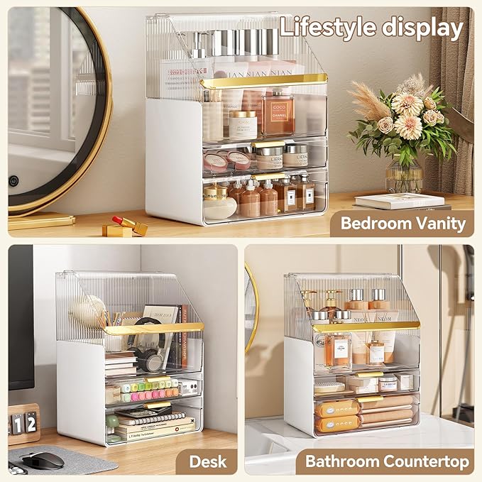 Makeup Organizer Countertop with Lid, Skincare Organizers for Vanity, 3 Tiers Clear Makeup Storage Cosmetic Display Cases Holder for Bedroom Bathroom Dresser Desk Countertop
