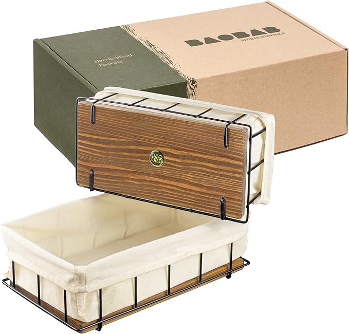 BAOBAB WORKSHOP Set of 2 Wooden Bathroom Baskets Organizer & Storage - Basket for Bathroom & Kitchen Decor - Toilet Tank Tray - Toilet Paper Basket for Back of Toilet Organizer