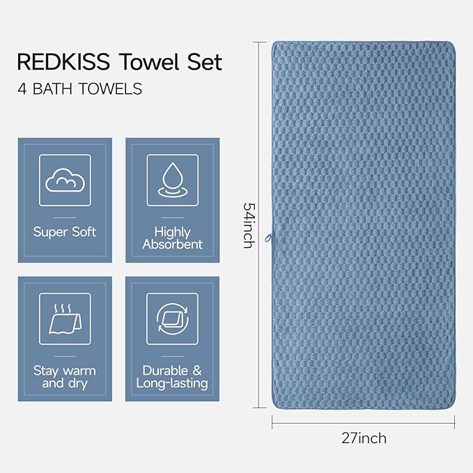 REDKISS Microfiber Bath Towels Set of 4-27x55 Inch Large Waffle Bath Towels for Body, Highly Absorbent, Super Soft, Lint Free Fluffy Shower Towel for Bathroom, Gym, Lightweight Towel Set Blue & Gray