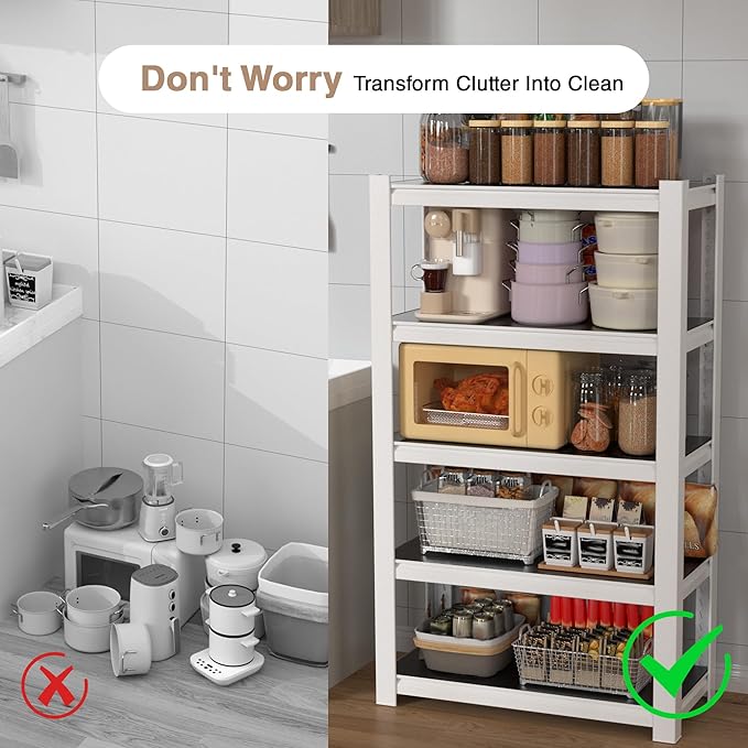 WORKPRO House 5-Tier Shelving Unit, 3000lbs Adjustable Storage Shelves, Boltless Book Shelf, Shelf Organizer for Kitchen, Living Room, Bathroom, Wood Grain Pattern, Waterproof Board, 24-1/10"W, White