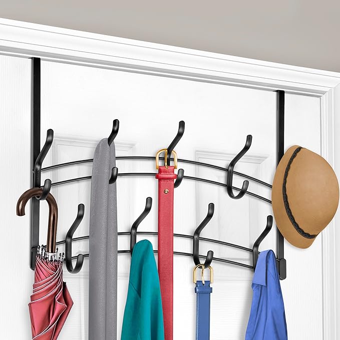 LYNK Professional® Home™ Over Door Hooks Rack - 18 Hook Over Door Hanger - Over Door Towel Rack - Hanging Towels or Clothes - Bathroom, Bedroom or Laundry Room - Lifetime Ltd. Warranty - Black