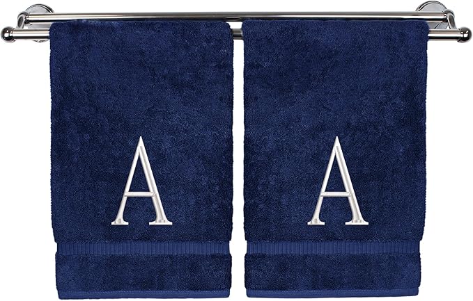 Monogrammed Hand Towel, Personalized Initial Gift, Extra Absorbent 100% Turkish Cotton - Soft Terry Finish - Set of 2 - White Block Initial A - Embroidered on Navy Blue Towels