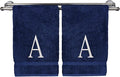Monogrammed Hand Towel, Personalized Initial Gift, Extra Absorbent 100% Turkish Cotton - Soft Terry Finish - Set of 2 - White Block Initial A - Embroidered on Navy Blue Towels