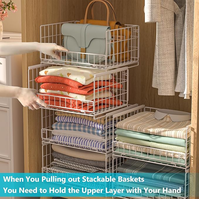 4-Tier Sliding Closet Organizers and Storage Shelves, Stackable Closet Shelf Organizer Basket Bins, Drawer Shelf Storage Container for Wardrobe Cupboard Kitchen Bathroom Office, White