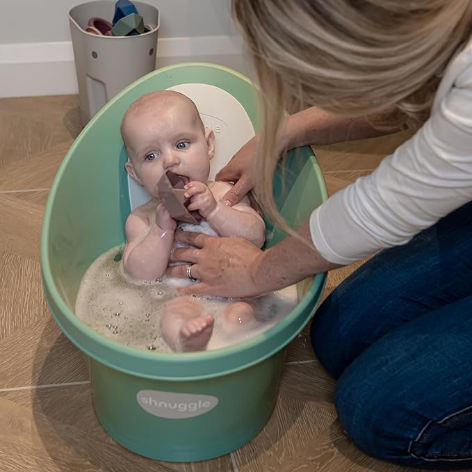 Shnuggle Newborn Baby Bath | Built in Support Bump and Soft Backrest | Suitable from Newborn | Bath Seat Support Includes Plug | Eucalyptus Green