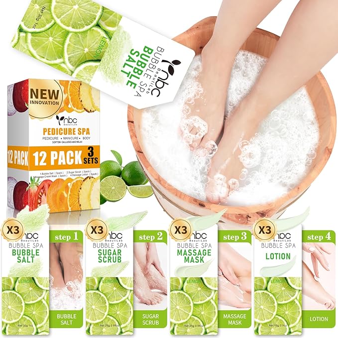 Pedicure Kit Foot Soak Set: Bubble Salt, Sugar Scrub, Massage Mask, Massage Lotion in a Box, 4 Step Foot Spa Kit for Dry Feet, Calluses and Tired Feet(3 Set Lemon)
