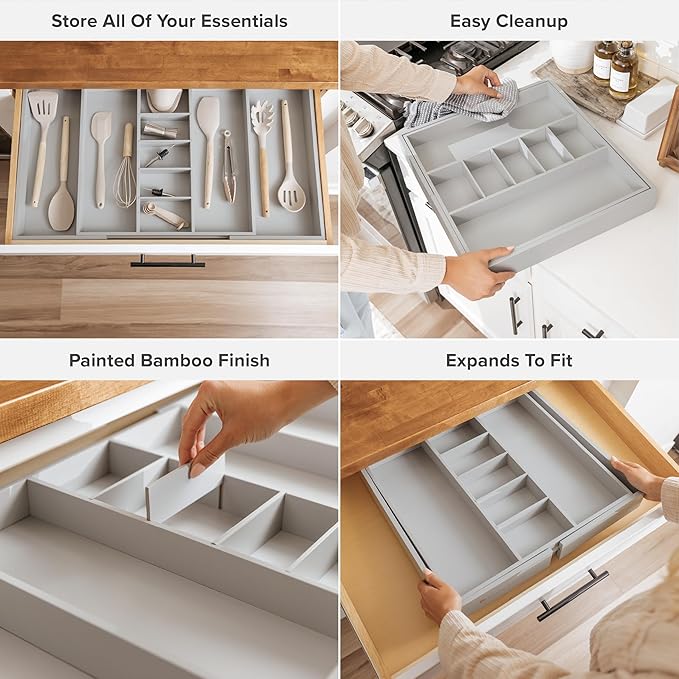 KitchenEdge Adjustable Kitchen Drawer Organizer for Utensils and Junk, Food-Safe Contract Grade with 100% Sustainable Wood, Expandable from 19 to 33 Inches Wide - Gray Bamboo