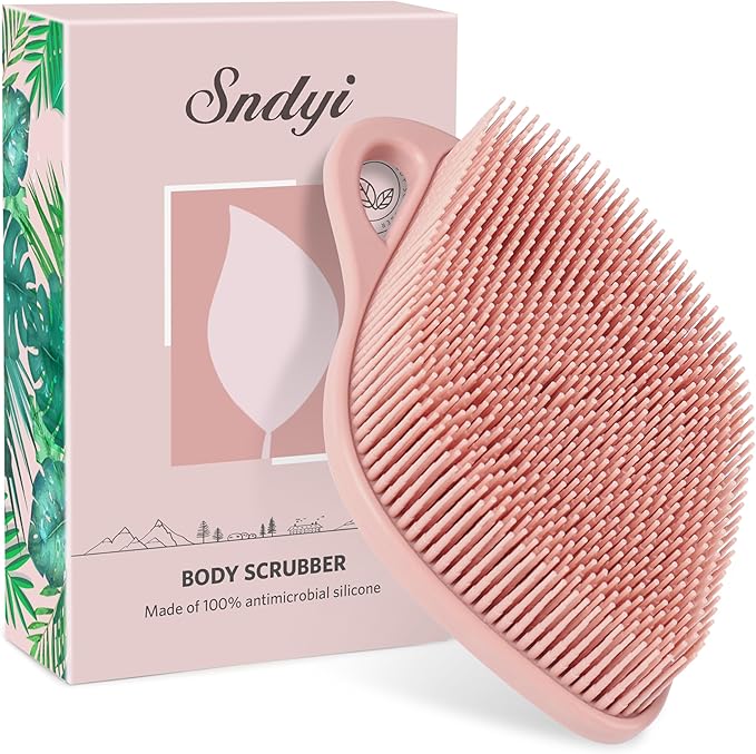 Sndyi Silicone Body Scrubber, Gentle Exfoliating Body Scrubber for Sensitive Skin, Leaf Shaped Shower Scrubber for Body with Lathering Bristles, Silicone Loofah Body Brush for Showering, Pink