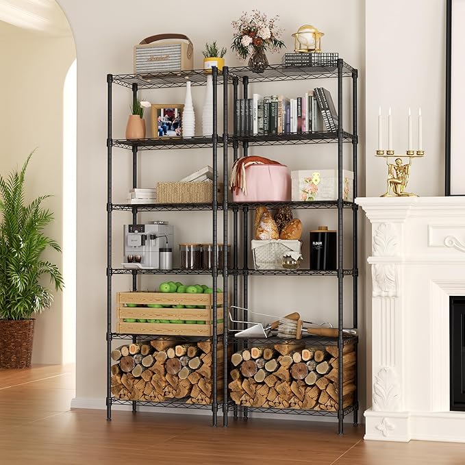 SINGAYE 6 Tier Adjustable Storage Shelf Wire Shelving Unit Metal Shelves Standing Closet Bathroom Organizers Pantry Kitchen Garage Laundry Room Organization Home Rack 12" D X 22" W X 69.5" H Black