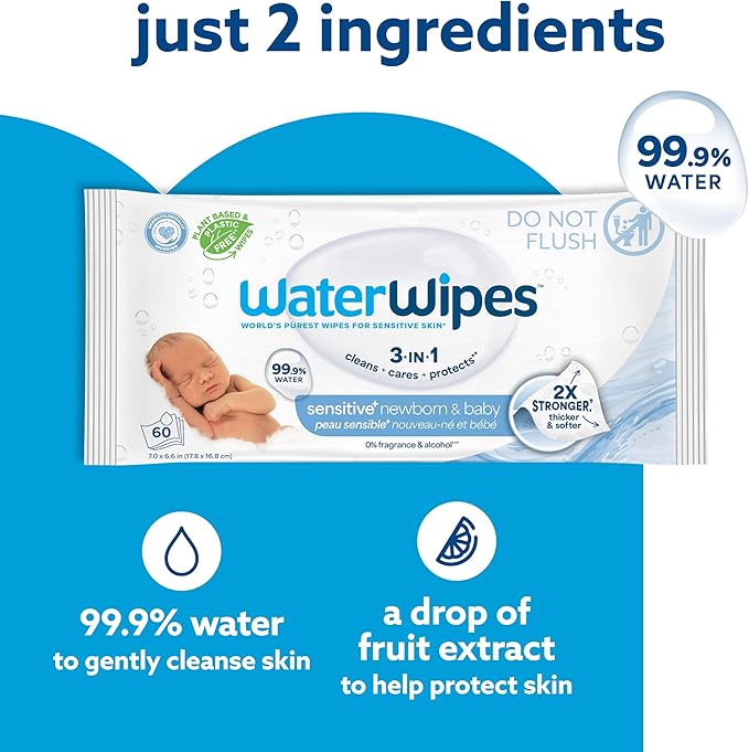 WaterWipes Sensitive+ Newborn & Baby Wipes, 3-In-1 Cleans, Cares, Protects, 99.9% Water, Unscented & Hypoallergenic, 180 Count (3 Packs)