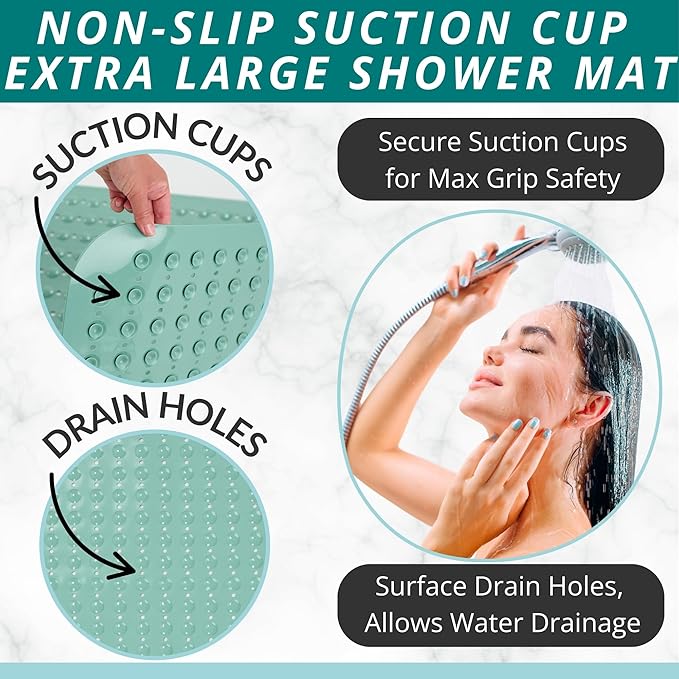 ENKOSI Extra Large Square Non Slip Shower Mat - 31 x 31-inch XL Bathroom Shower Mat - Square Shower Matts for Shower Stall Floors | Secure Suction Cups and Drain Holes (31x31 Aqua Green)