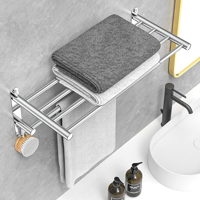 Adjustable Towel Bar for Bathroom Wall Mount17-30.7inch Adhesive Shower Towel Rack Stainless Steel Bath Towel Holders for Toilet Kitchen Double Towel Hanger (2-Layer Towel Rack)