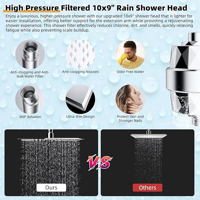 Hibbent All Metal 10'' Filtered Rainfall Shower Head with Handheld Combo, High Pressure Shower Wand, 16'' Adjustable Arc Extension Arm, 20 Stage Shower Filter, 71'' Hose, Shower Head Holder, Chrome