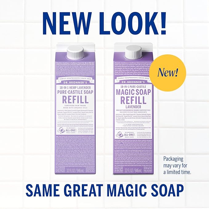 Dr. Bronner's Pure-Castile Liquid Magic Soap Refill - Made with Regenerative Organic Certified Oils, 86% Less Plastic per Quart - 18-in-1 Uses for Face, Body Wash, Hand Soap Refill- Lavender, 32oz