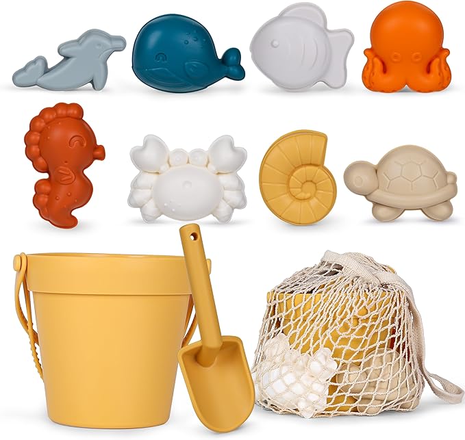 MarcZero 11Pcs Silicone Beach Toys,Modern Baby Beach Toys,Travel Friendly Beach Set,Eco Friendly Toy,Silicone Bucket, Shovel, 8 Sand Molds, Beach Bag,Silicone Sand Toys for Toddlers, Kids (Yellow)