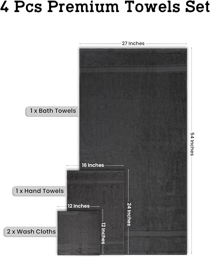 Casa Lino 100% Cotton Bath Towels Set of 4 (1 Bath Towel, 1 Hand Towel & 2 Wash Cloths) - Bathroom Towels and Washcloths Set - Complete Bathroom Set - Guest Room Essentials - (Charcoal Black)