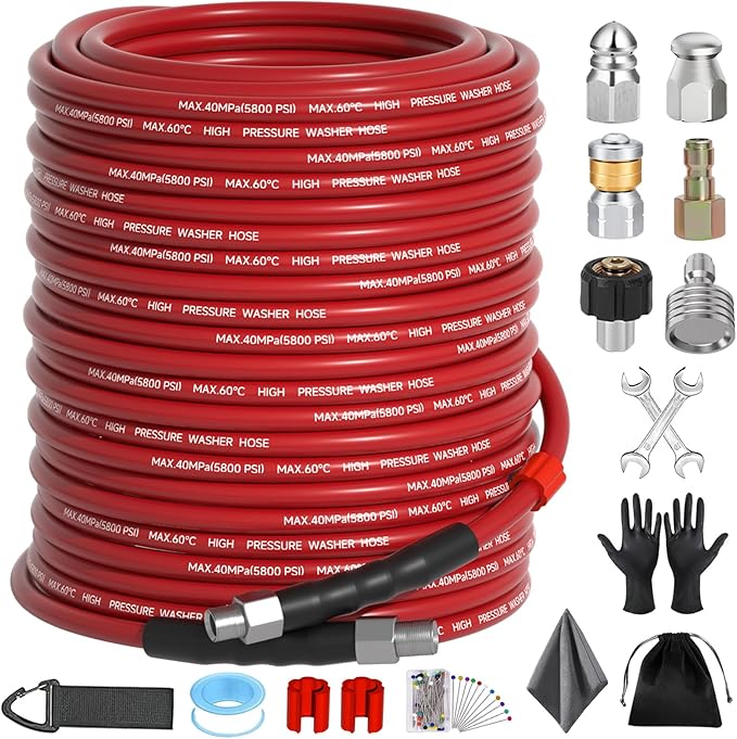 Sewer Jetter Kit 200FT for Pressure Washer, 5800 PSI Drain Cleaner Hose 1/4 Inch NPT with Spray Nozzle, Button Nose and Rotating Sewer Jetting Nozzle, Spanner Teflon Tape Pearl Corsage Pin