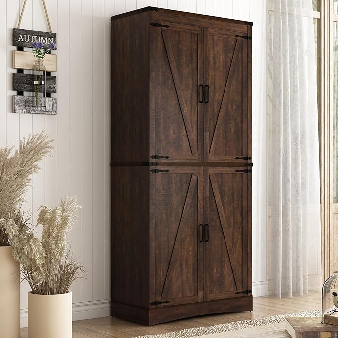 71" Tall Kitchen Pantry,Farmhouse Storage Cabinet with Adjustable Shelves,Load-Bearing Steel Pipe,Farmhouse Pantry Cabinet with 4 Barn Doors, for Kitchen,Dining Room,Living Room(Brown)