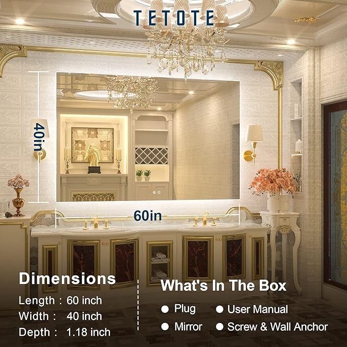 TETOTE 60 x 40 LED Backlit Bathroom Mirror with Light,3 Color White/Warm/Natural,Anti-Fog Lighted Mirror,Dimmable,Vanity Mirror,Wall Mounted