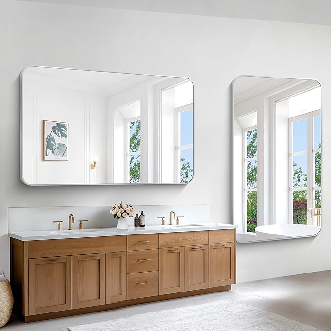 BONEWEI Silver Bathroom Mirror,60x36 inch Wall Mirror for Bathroom Wall Mounted,Rectangle Mirror for Bathroom Over Sink,Modern Frame Round Corner for Living Room,Bedroom Entryway,Horizontal/Vertical