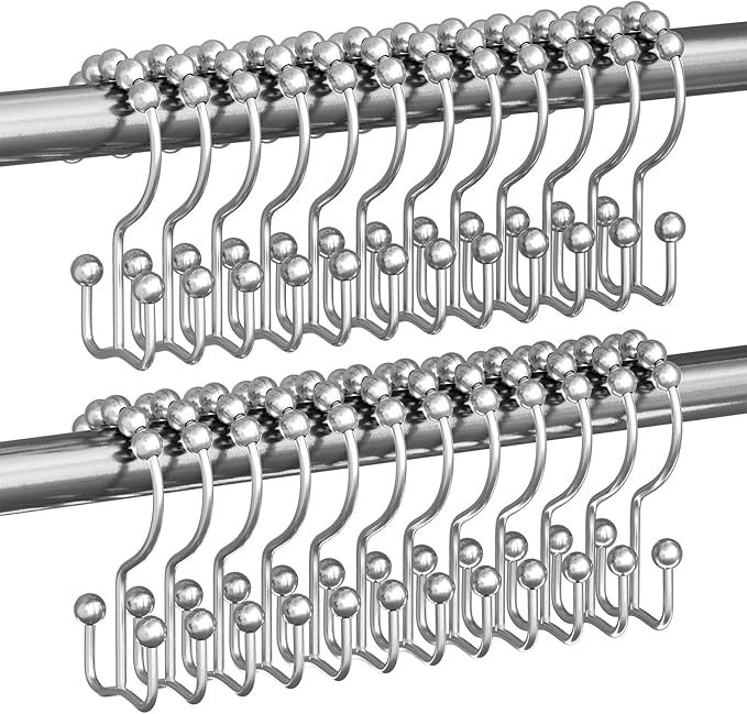 Titanker Shower Curtain Hooks Rings, Rust Resistant Metal Double Glide Shower Hooks Rings for Bathroom Shower Rods Curtains, Set of 24 Hooks - Chrome