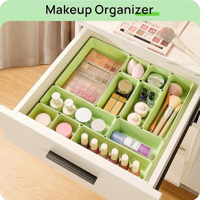 Vtopmart 25 PCS Plastic Drawer Organizers Set, 4-Size Versatile Bathroom and Vanity Drawer Organizer Trays, Storage Bins for Makeup, Bedroom, Kitchen Gadgets Utensils and Office