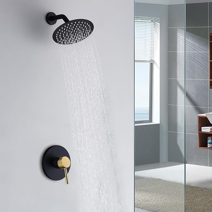 SUMERAIN Single-Function Shower Faucet Set Black and Gold, Stainless Steel 8 Inch Rain Shower Head Single Handle With Rough-in Valve Shower Trim Kit