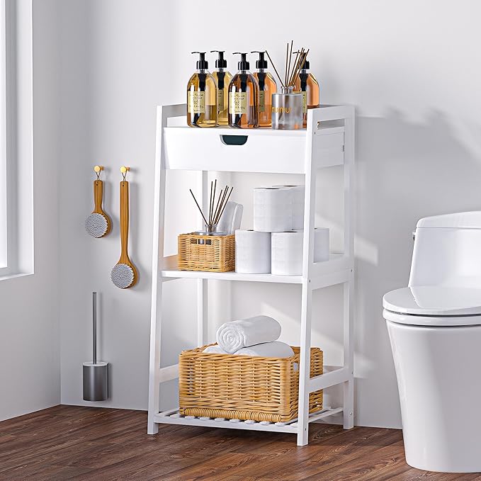 3 Tier Bamboo Bathroom Shelves with Drawer, Ladder Shelf for Bathroom Storage, Space-Saving Design, Stylish Display Nightstand, Stylish Storage Solution for Home, Living Room, Kitchen, Office