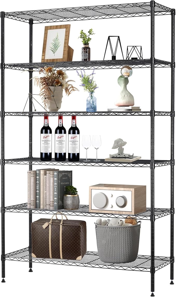 BestOffice | 6-Tier Wire Storage Shelves | 42x16x72 | Black | with Adjustable Racks | Heavy-Duty Metal Shelf, Holds Upto 1500 lbs | No-Tool Assembly | Ideal for Home & Garage Shelving