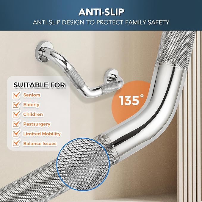 Grab Bars for Bathtubs and Showers- 1-1/4 x 16 Angled Shower Grab Bar for Seniors Knurled Stainless Steel Handicap Grab Bars for Wall, 15" Hole Center (Polished Nickel, 1 Pack)