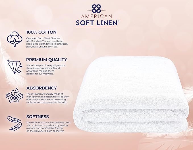 American Soft Linen Oversized Bath Sheet 40x80 Extra Large for Bathroom, 600 GSM 100% Cotton Turkish Jumbo Bathsheet Towels for Adults, White Bath Sheet