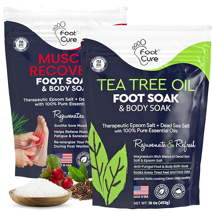 FOOT CURE Tea Tree Oil & Muscle Foot Soak with Epsom Salts - All-Natural Salts for Post-Workout Recovery - Softens Calluses, Soothes Sore & Tired Feet, Foot Odor Control, Spa Pedicure (Pack of 2)
