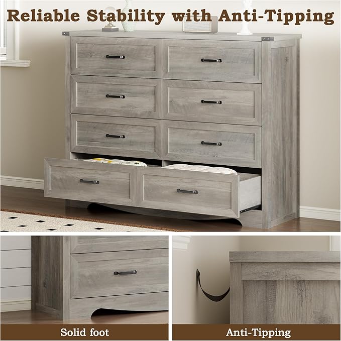 8-Drawer Dresser for Bedroom, Modern Wooden Chest of Drawers with Metal Handles, Anti-Tipping Design, Sturdy and Stable Storage Organizer for Living Room, Entryway, Home Office