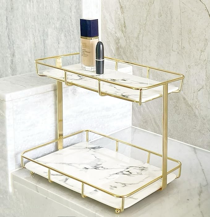 Bathroom Organizer Countertop Perfume Organizer Makeup Organizer Cosmetics Storage Display Rack Vanity Tray Dresser Stainless Steel Gold Shelf White Marble Ceramic Tray