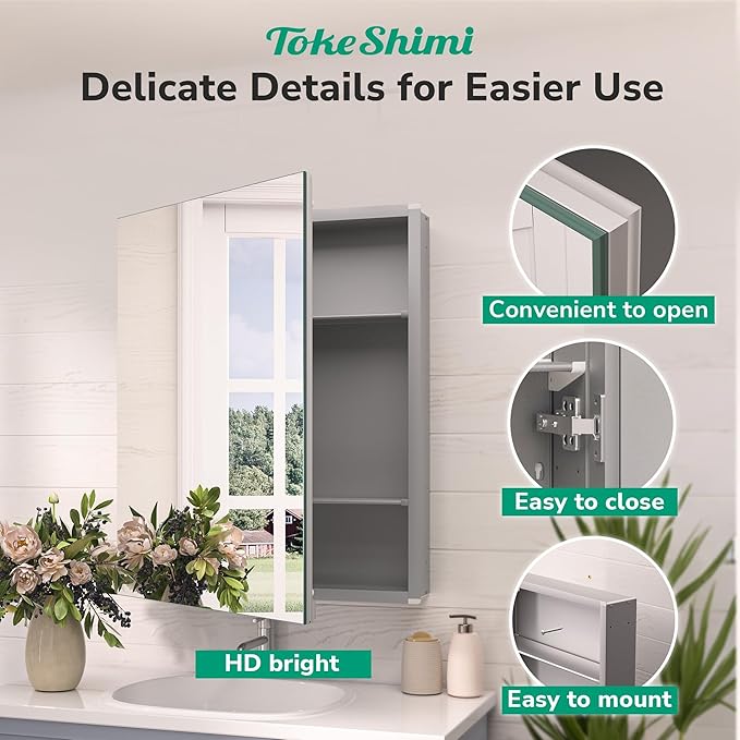 TokeShimi 30 x 26 Silver Aluminum Medicine Cabinet Mirror for Bathroom Surface Mount or Recessed with Stepless Adjustable Shelves Modern Farmhouse