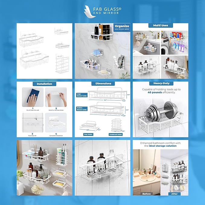 Fab Glass and Mirror Shower Caddy Pack of 5, white - Shower Organizer and Shelves for Efficient Storage, Wall Mounted Bathroom Caddy, Wall Organizer