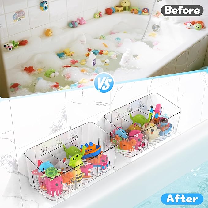 Lysam Bath Toy Storage 2 Packs, Large Bath Toy Holder with 3 Compartment, Quick Dry Bathtub Toy Organizer, Bath Tub Toy Net, Shower Toy Basket & Bin, Bathroom Accessories for Baby,Toddler,Kids（Clear）