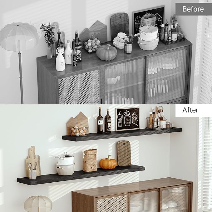 Vivelove 72 Inches Floating Shelves Wall Mounted, 12" Deep Wall Shelves for Bedroom, Bathroom, Living Room, Kitchen, Office, Home Decor, Modern Shelf, Set of 1, Black, 72x12x2