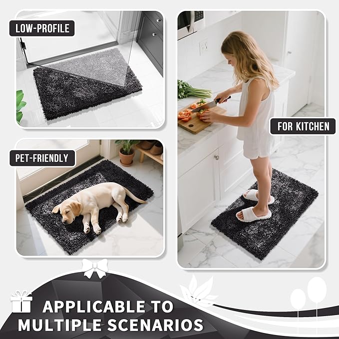 Yimobra Chenille Bathroom Rugs Non Slip, Extra Thick Soft Absorbent Bath Rug, Machine Washable Quick Dry Bath Mat for Bathroom Floor, Tub and Shower, Home Decor Accessories, 24x17, Dark Grey