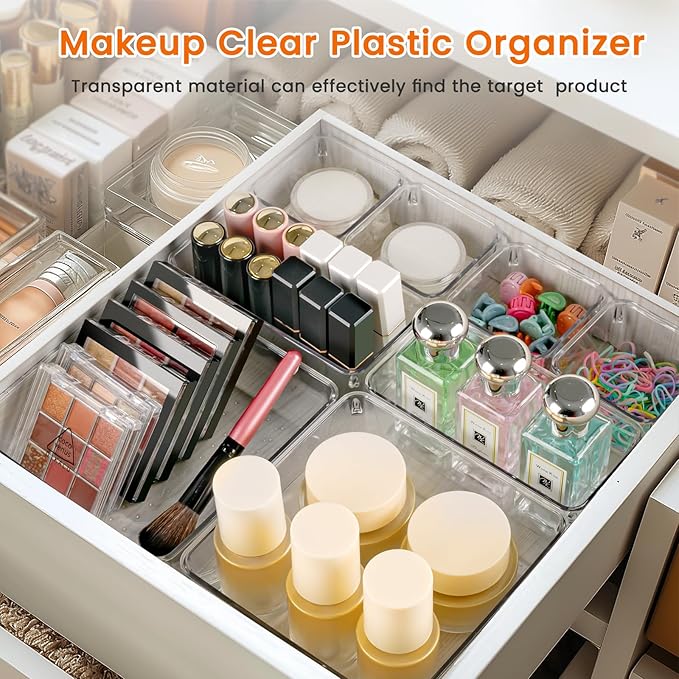Criusia Drawer Organizer, 18 Pack Large Clear Plastic Kitchen Drawer Organizers Set, 6 Size Versatile Bathroom and Vanity Drawer Organizer Trays, Storage Bins for Makeup, Bedroom, Kitchen Utensils